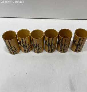 Bamboo Natural Wood Painted Bamboo Design Cups Set Of 6 Drinkware Kitchen
