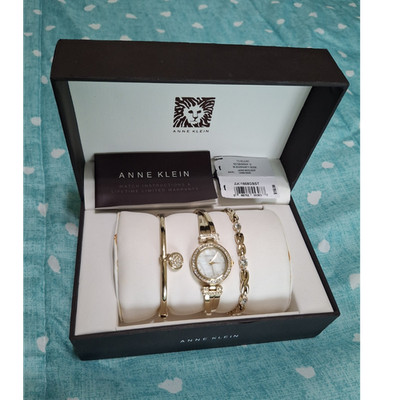 Anne Klein Gold Tone Crystal Watch, Bracelet & Bangle Jewelry Set