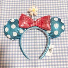 Disney- Parks Blue White Polka Dot Sunflower Minnie Ear Sequin Headband Gifts