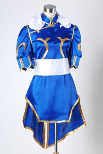 chun li blue dress Chun Li Cosplay Costume Game Street Fighter Chunlee Cos Cheongsam Set Dress  Skirt Wig Bracelet Accessories Battle Dress Chun-Li main image 1