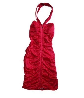 bebe Red Satin Ruched Halter Bodycon 27" Dress - size M | eBay