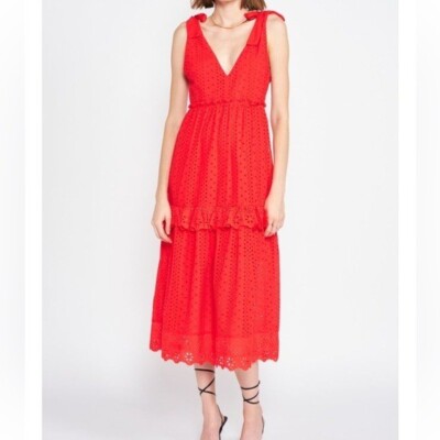 EN SAISON Havana red eyelet midi DRESS size M