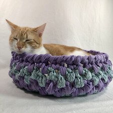 Crochet Rag Rug Upcycled Recycled Cat Dog Pet Bed Purple Blue Handmade