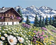 Cabin Among Flowers in the Snowy Mountains Printed Needlepoint Canvas FA04