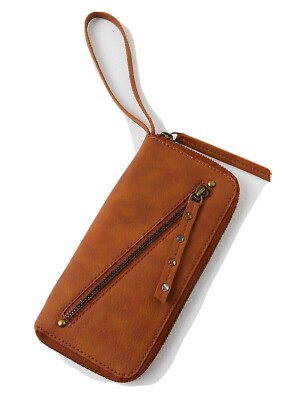 NWT FREE PEOPLE Brown Tan Distressed Vegan Zip Around Wallet