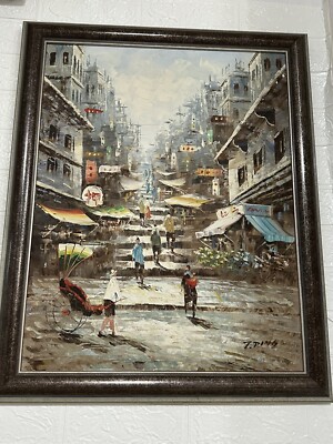 Ölbild im Rahmen unter Glas China Hing Kong  asiatische Häuserschlucht 56x69cm