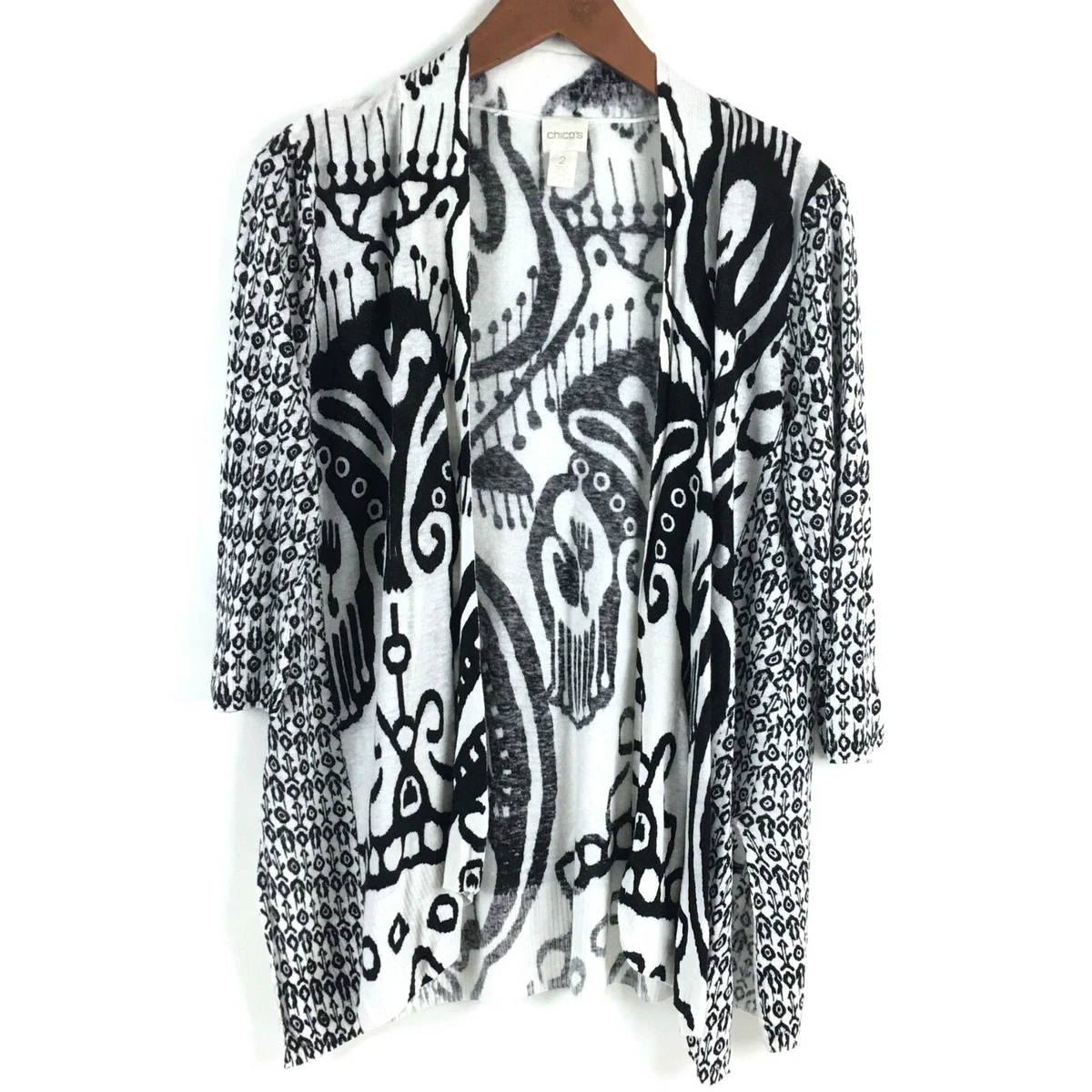 Chicos Sweater 2 Black White Open Cardigan 3 4 Sleeve Linen Knit US Size Large