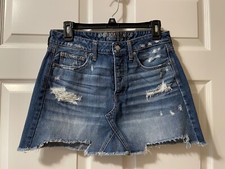 American Eagle Size 6 Button Fly Distressed Jean Blue Denim Mini Skirt 13"