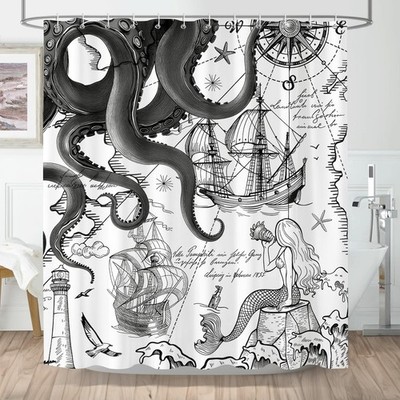 Black Gray Nautical Octopus Shower Curtain,Grey Funny Ocean Kraken Octopus Me...