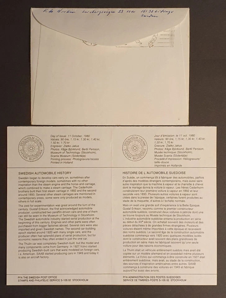 Sellos Suecia 1980 Automóvil Historia Automóvil Minihoja Primer Día Cubierta Foto 2 de 2