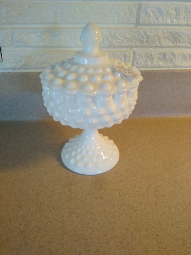 Vintage Fenton White Milk Glass Large Hobnail Pedestal Lidded Candy Dish 8.5" EC
