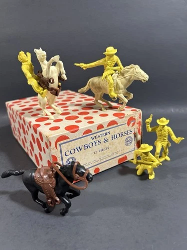 1950s VINTAGE MARX WESTERN COWBOYS  & HORSES 22 PIECE FIGURE SET & ORIGINAL BOX