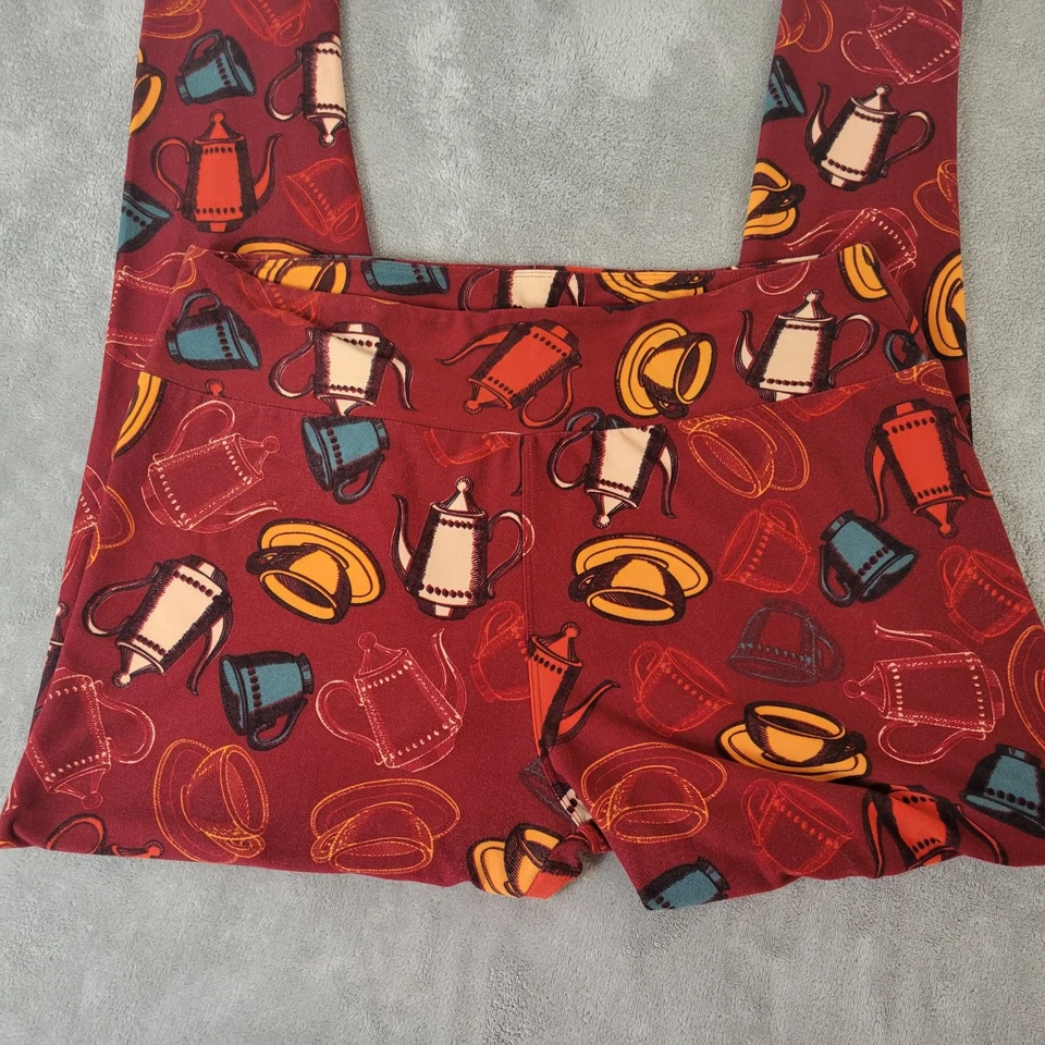 LuLaRoe Mujer Leggings Altos Curvilíneos Rojo Borgoña Estampado Cafeteras Entrenamiento Cómodo Foto 3 de 4