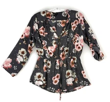 J for Justify Zip Front Blouse Womens Size Medium Gray Floral Print Tab Sleeve