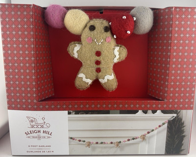 Gingerbread Sleigh Hill 6 Ft. Garland Wool Gingerbread New In Box