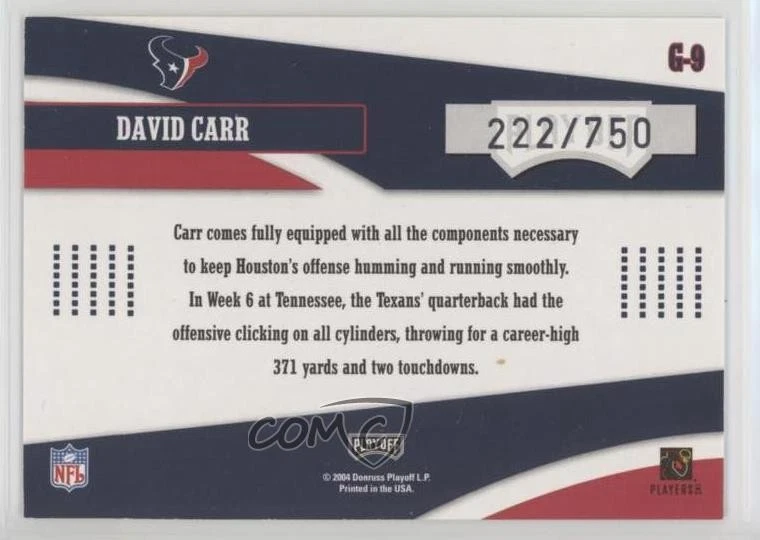 2004 Playoff Prestige Gamers /750 David Carr #G-9 - Image 2 of 2