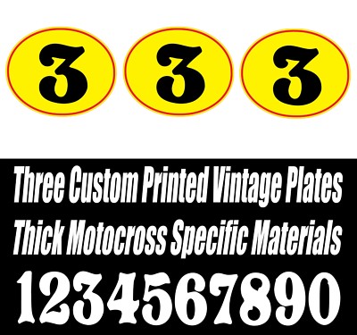 SET OF 3 BRIGHT YELLOW RED VINTAGE MOTOCROSS CUSTOM PRINTED OVAL NUMBER PLATE 