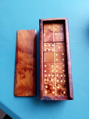 Rare Vintage Thuya Wood Handmade Boxed Intarsien Full Domino Set