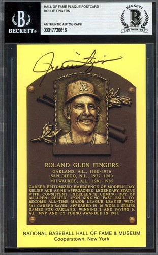 Rollie Fingers Beckett BAS Signed Gold Hall of Fame Plaque Postcard Autograph