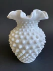 FENTON Milk Glass Hobnail Vase Ruffled Edges 5.5"T
