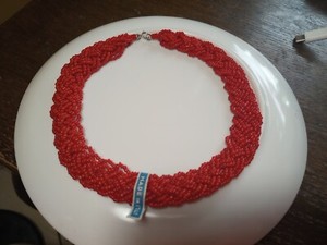 Antique Red Glass Seed Bead Multi Strand Woven Necklace Choker Italy Tag 14" Vtg