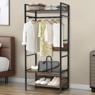 UNHO Rustic Wooden Clothes Garment Rail Open Hanging Display Shelf Shoe Rack Entryway