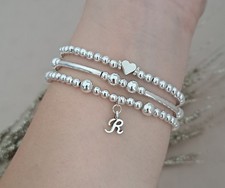  Personalised Initial Heart Bracelet Set Silver Bead Stacking Gift Women