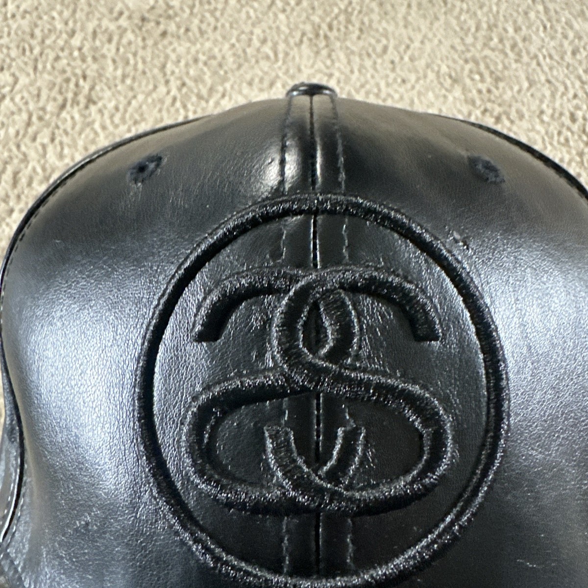 Stussy Hat Cap Men Black Adjustable Strap SS Logo PU Leather