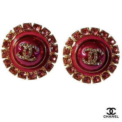 Iconic Chanel Karl Lagerfeld Victoire de Castelane Pink Rhinestone Earrings 