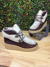 Winter Boots Faux Leather Fleece Lined Lace Up Wedge Brown Women 8 Vintage 70s