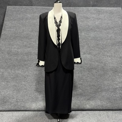 Anne French Skirt Suit Womens 12 Black White Shawl Collar Lace Trim Formal Set