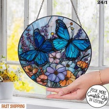Butterfly Flowers Glass Suncatcher, Flowers Stained Glass Window Hanging