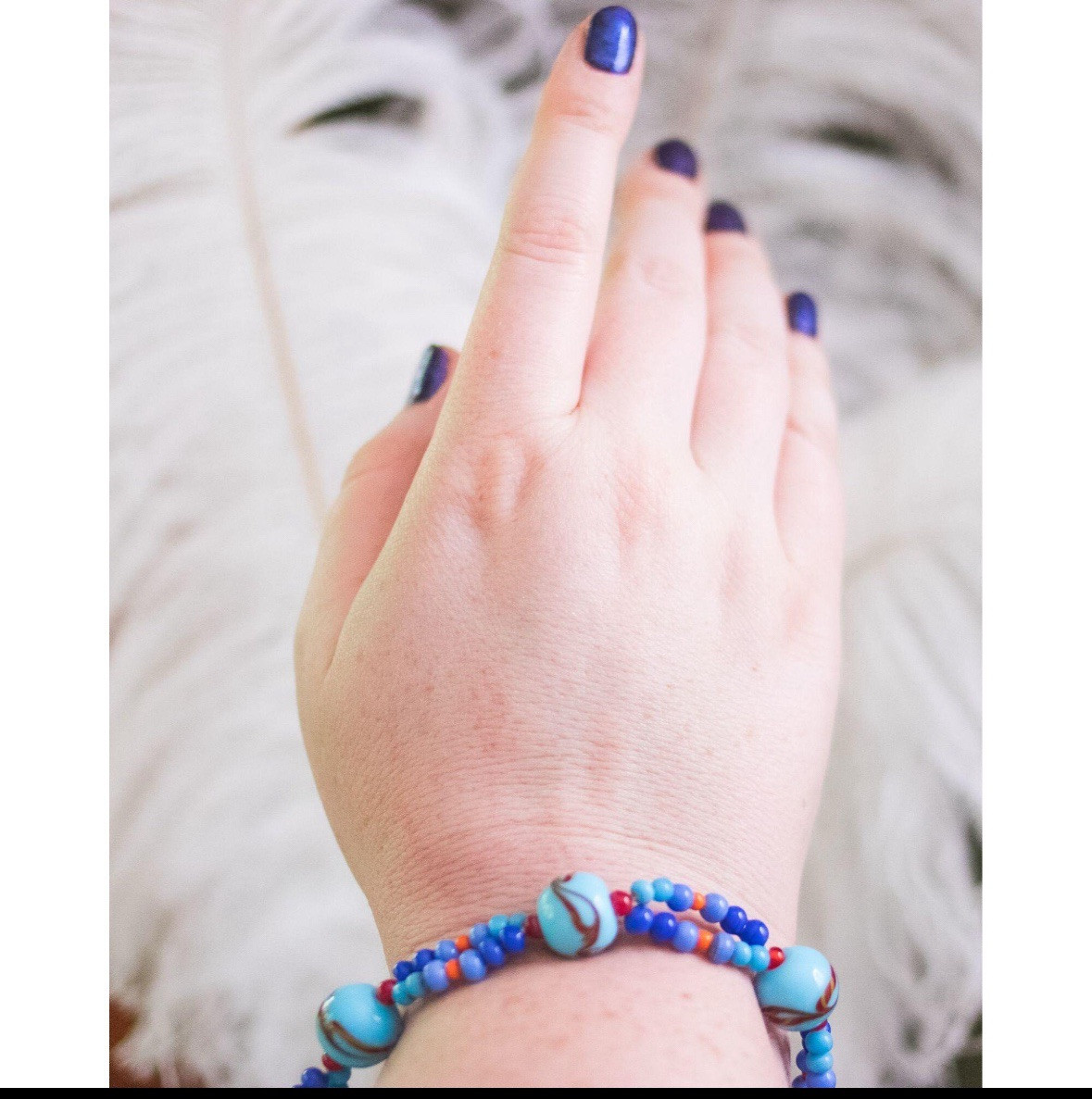 Vintage Light Dark Blue Murano Glass Art Glass Beaded Bracelet, Small Wrist View 4