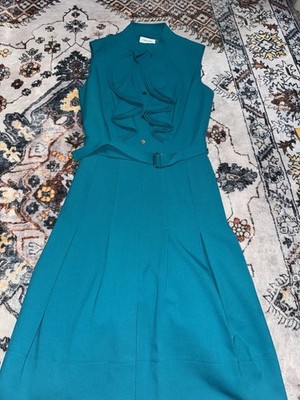 Calvin Klein Ruffle Front Belted Fit Flare Dress 10 Lagoon  Office