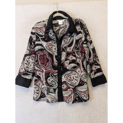 Como by Fred David Womens Large Paisley Button Up Shirt Black Red 3/4 Sleeve