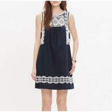 Madewell Embroidered Stitchtake Linen Sleeveless Keyhole Mini Dress Navy Blue S