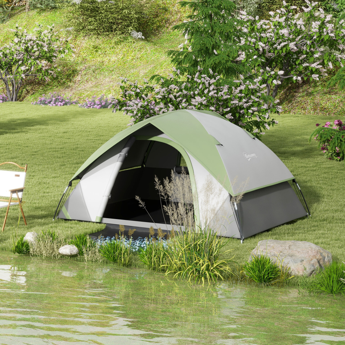 Outsunny 2  Man Camping Tent with Sewn-in Groundsheet 3000mm Waterproof - Green