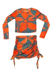 Fabletics Coral/Blue Two Piece Swim Cover Up Set Crop Top and Adjustable Skirt S