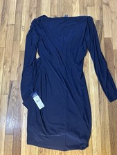 Chaps Women’s Navy Faux Wrap Dress L Long Sleeve Ruched Knot Front Midi Career