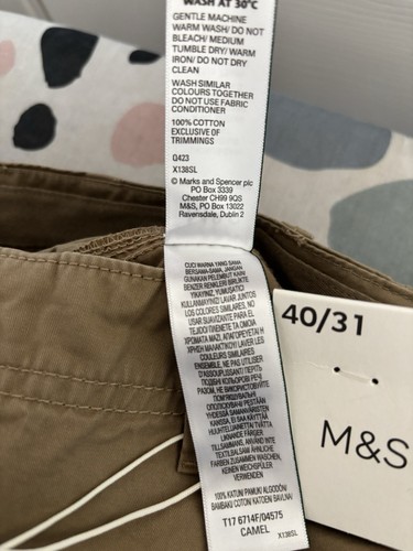 MARKS & SPENCER MENS CAMEL BEIGE CARGO CHINOS TROUSERS Waist 40” Leg 31” Bnwt - Picture 9 of 9