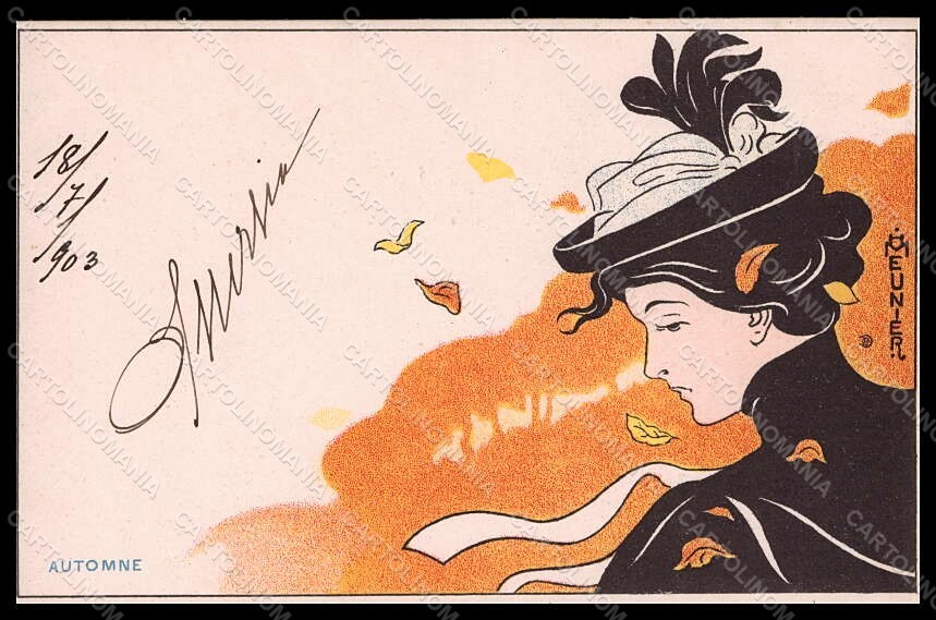 Artista Firmato Meunier H. Lady Art Nouveau Stagione Automne Autunno pc VK7756
