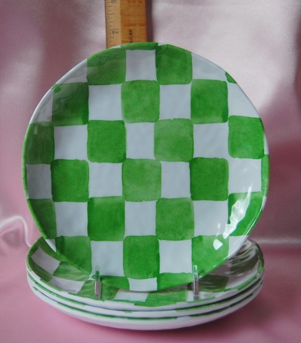 Green Checkered Melamine Plates set/4 Mackenzie 6.5" check emerald appetizer - Picture 3 of 5