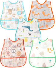 5pc Baby Bibs Set Toddler Bib with Crumb Food Catcher Pocket Waterproof Feeding