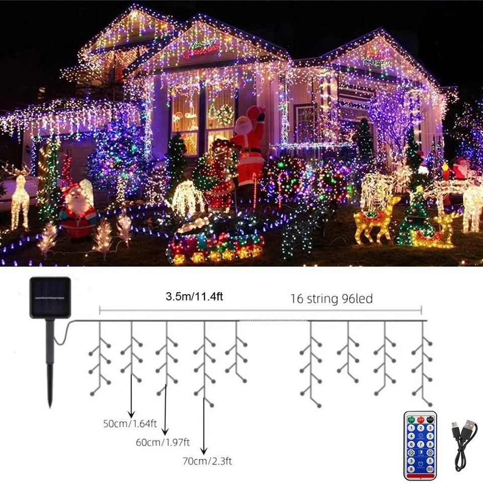 Solar Christmas Icicle Lights Outdoor LED Curtain Fairy String Light Party Decor - Image 4 of 4