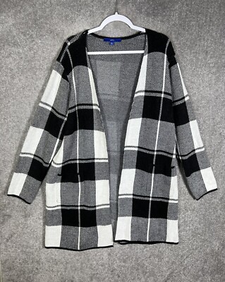 Apt 9 Open Front Long Sleeve Duster Cardigan Womens Size XL Plaid Black Pockets