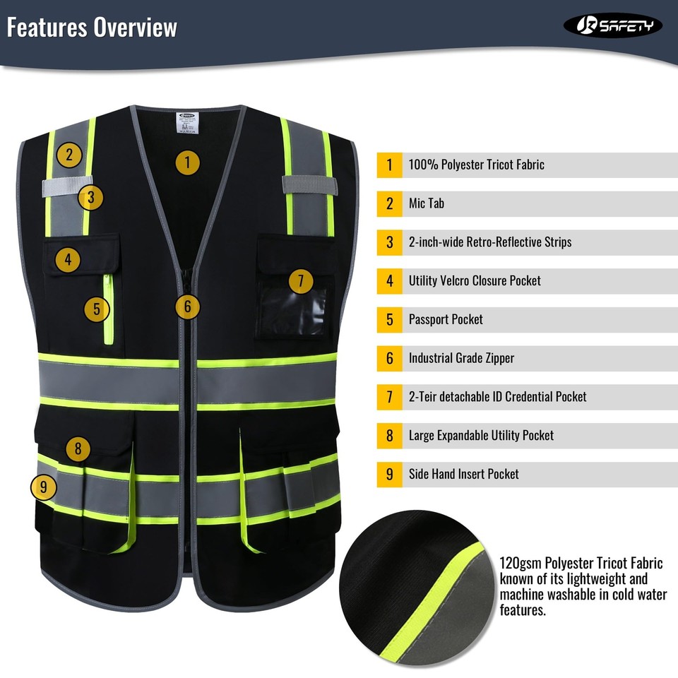 9 Pockets High Visibility Black Safety Vest For Men And Women Zipper | eBay