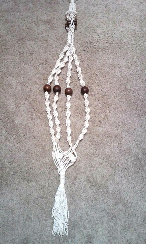 Hippie -era, Retro, Hand-Made Macramé Hanger, 48 in. long, 1970s. Wood Beads