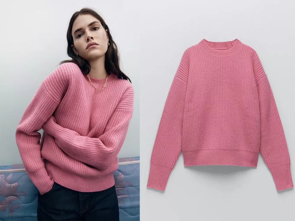 NEW ZARA purl knit wool pink sweater size L