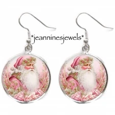 Pink Santa Claus EARRINGS Shabby Chic Roses Christmas Gift Silver Charm Dangle