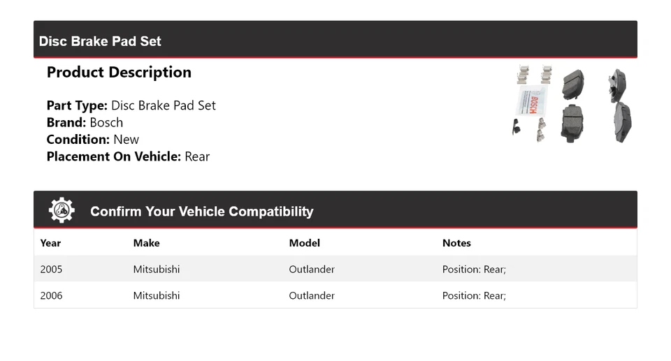 Pastillas de freno traseras de cerámica QuietCast Bosch 2005-2006 para Mitsubishi Outlander Bosch Foto 2 de 4